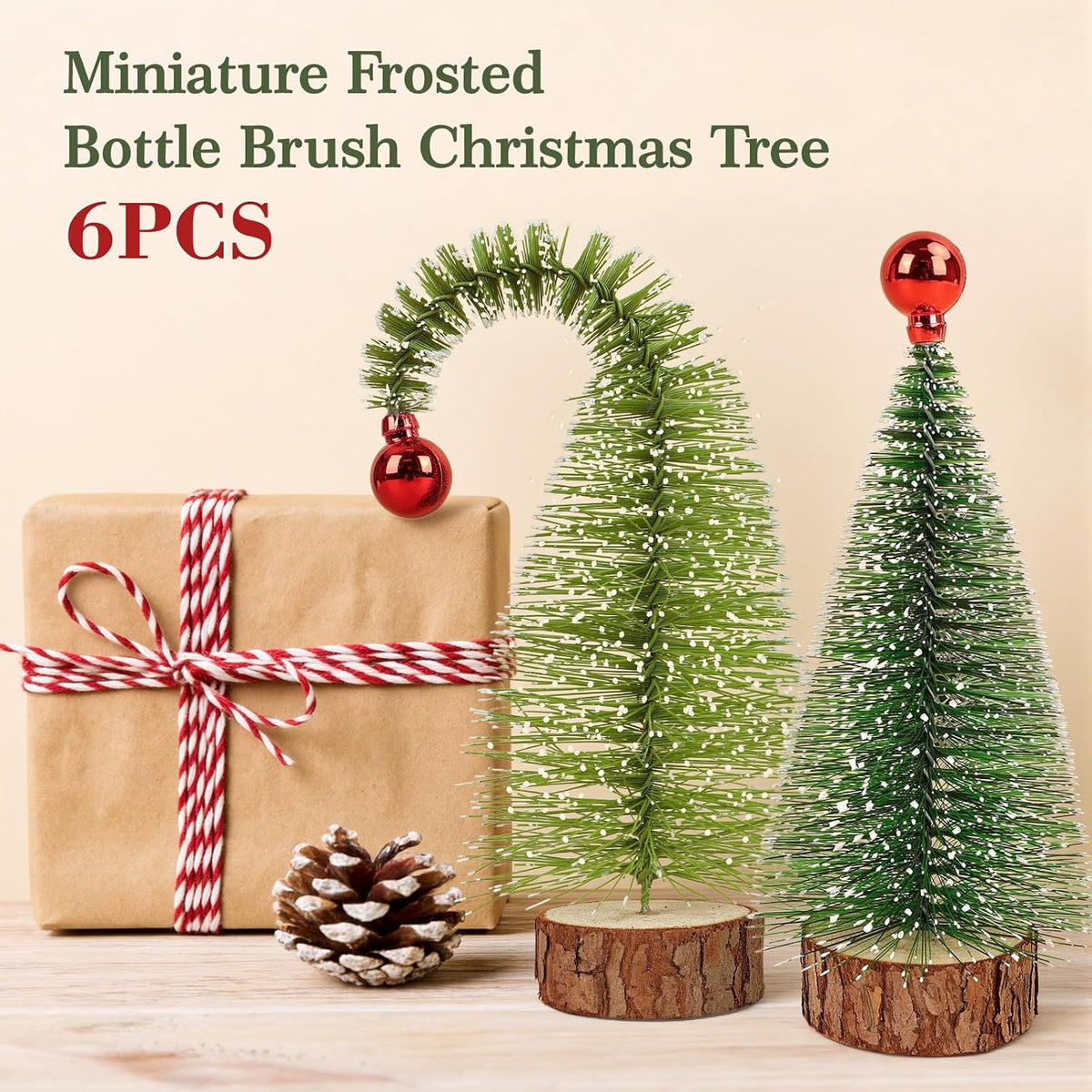 6 Pack 7" Mini Christmas Trees Curved & Straight Bottle Brush Sisal Trees