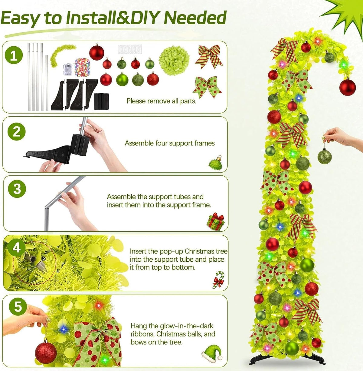 N&T NIETING 6Ft Whimsical Pop Up Christmas Tree with Lights & Hanging Ornaments, Collapsible Bendable Tinsel Tree for Apartment Porch Office Indoor Home Party Holiday Decor
