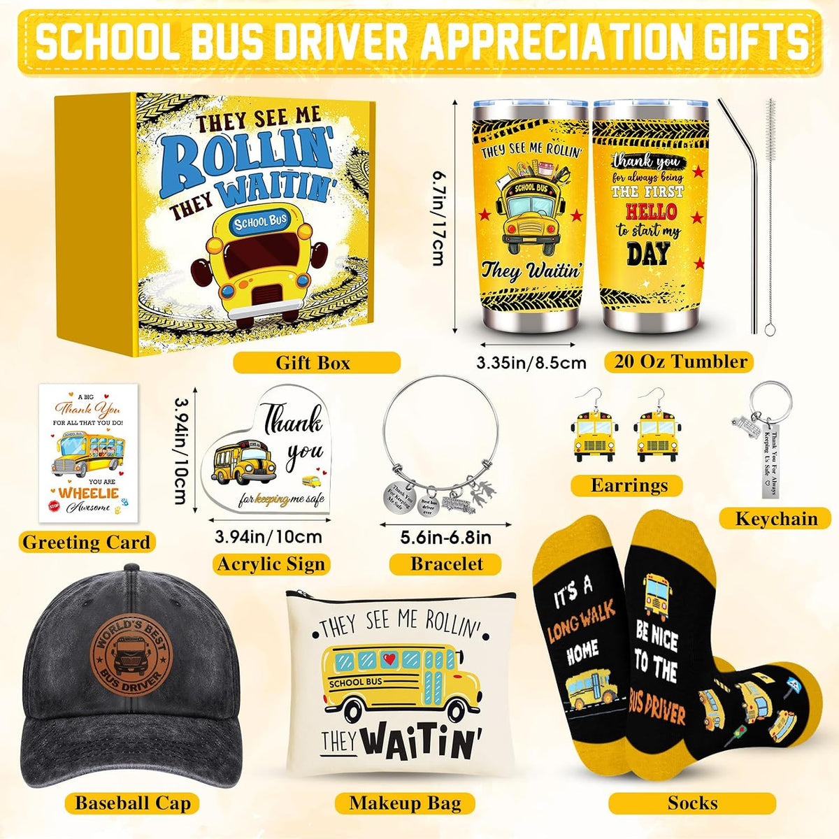 10 Pcs School Bus Driver Appreciation Gifts for Women, Back to School, Christmas Gift with 20 Oz Tumbler Hat Socks Makeup Bag Acrylic Heart Decor Bracelet Keychain, Thank You Gifts for Bus Driver