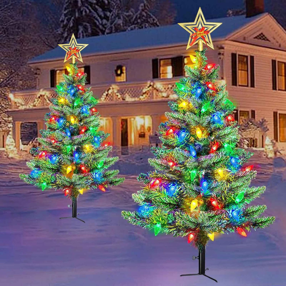Upgraded Set of 2 Solar Christmas Tree, Outdoor Christmas Decorations,Prelit Xmas Tree w/ 100 LED Multi-color C6 String Lights for Outsdie Holiday Display Yard Front Porch Pathway Grave Cemetery Decor