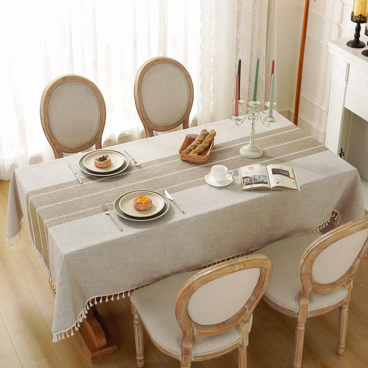 Laolitou Rustic Tablecloth Cotton Linen Waterproof Tablecloths Washable Table Cloths for Kitchen Dining,Party,Holiday,Christmas,Buffet Coffee Lines Rectangle,55''x102'',8-10 Seats