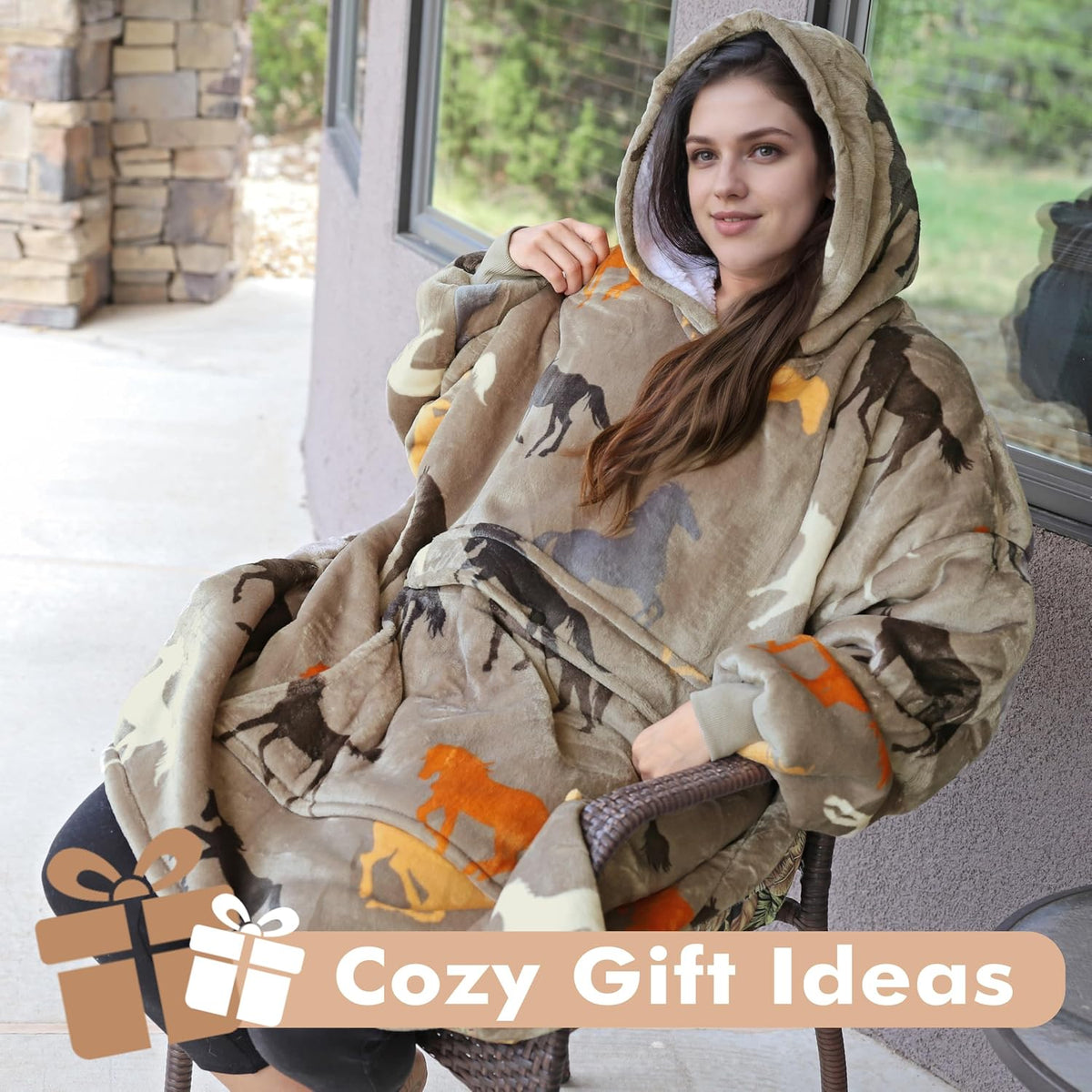 Tirrinia Wearable Blanket Oversized Hoodie for Adults, Horse Print Gift Sherpa Sweatshirt, as Christmas Gifts for Family & Friend. One Size Fits All