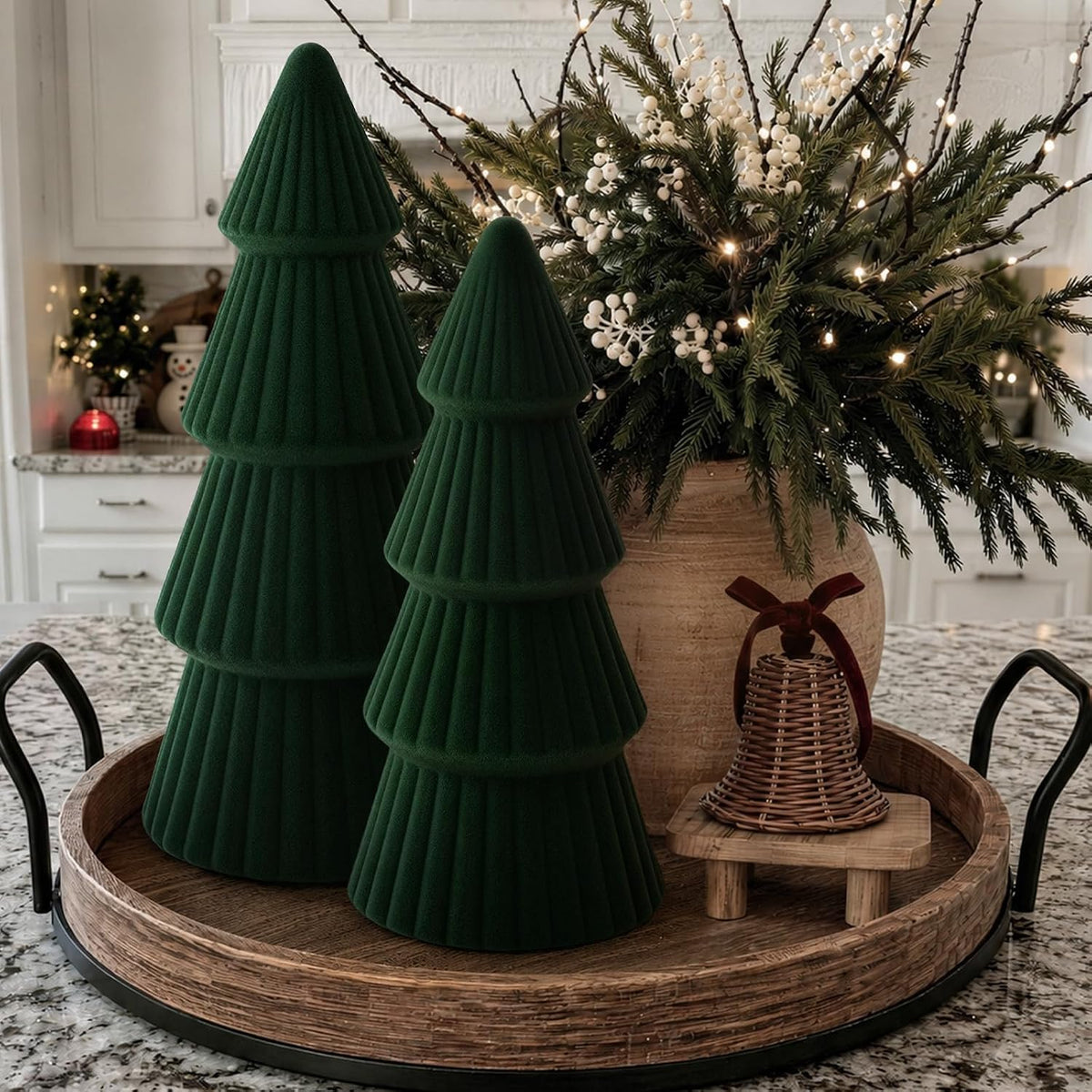 Christmas Decorations - Set of 3 Velvet Ceramic Christmas Trees (Green)