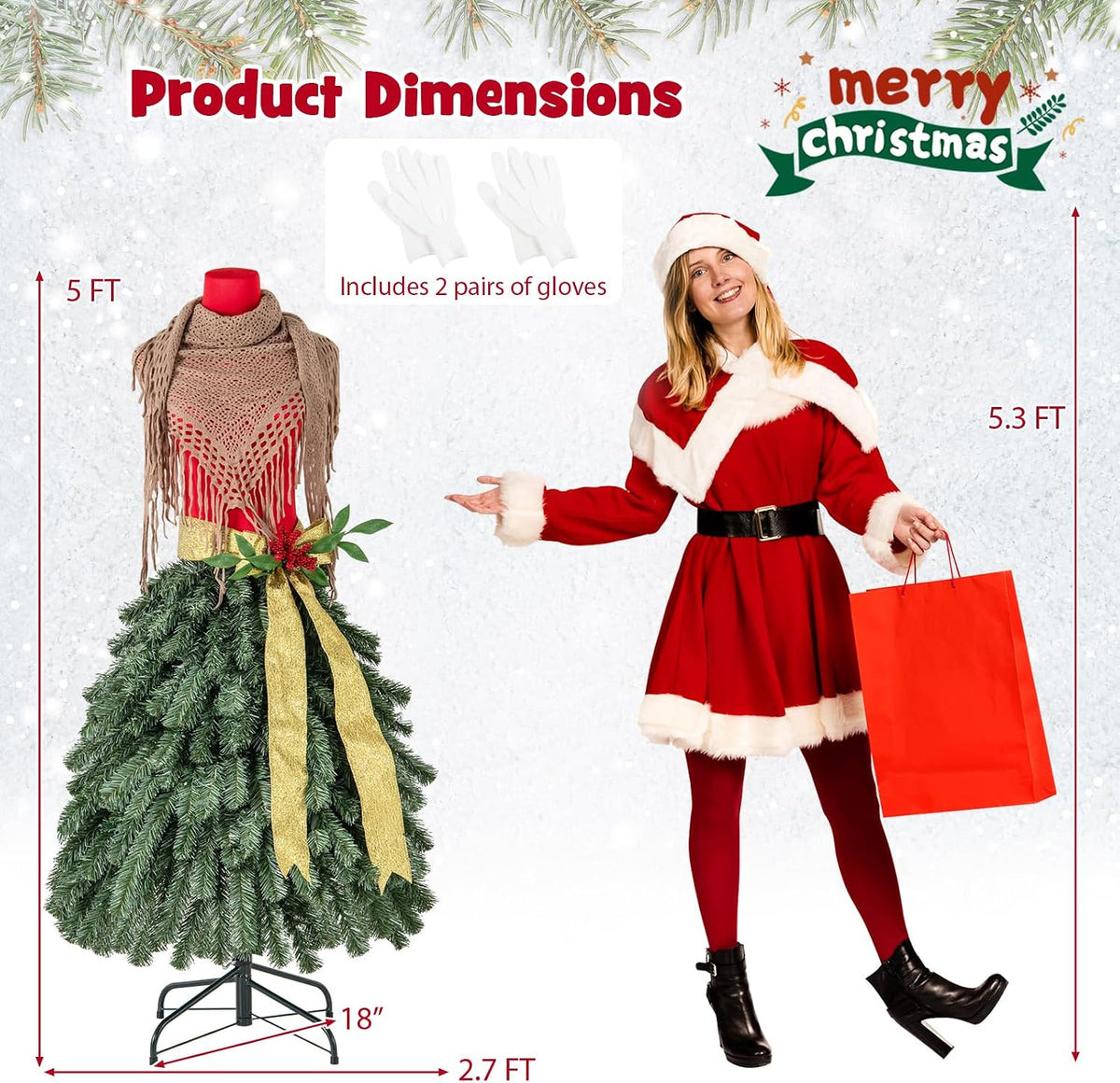 Goplus 5ft Pre-Lit Dress Form Christmas Tree, Artificial Xmas Tree with Female Mannequin Torso, Scarf, 248 Lush Branch Tips, 100 Warm White LED Lights, Metal Stand, Home Office Holiday Decoration