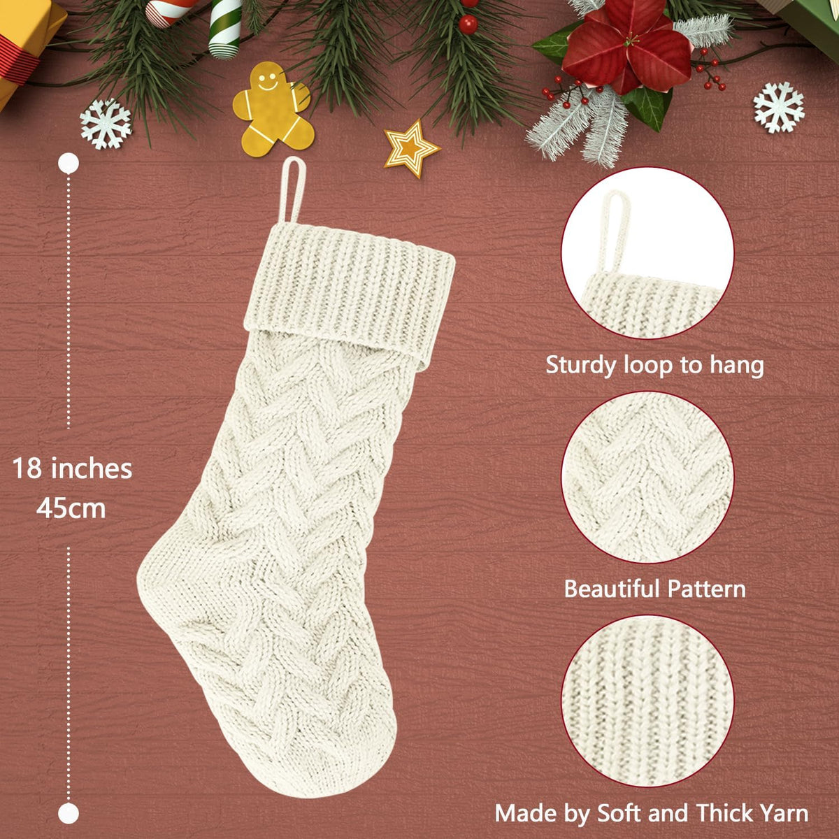 18 Inches Burgundy, Ivory, Green Knitted Christmas Stockings,6 Pack