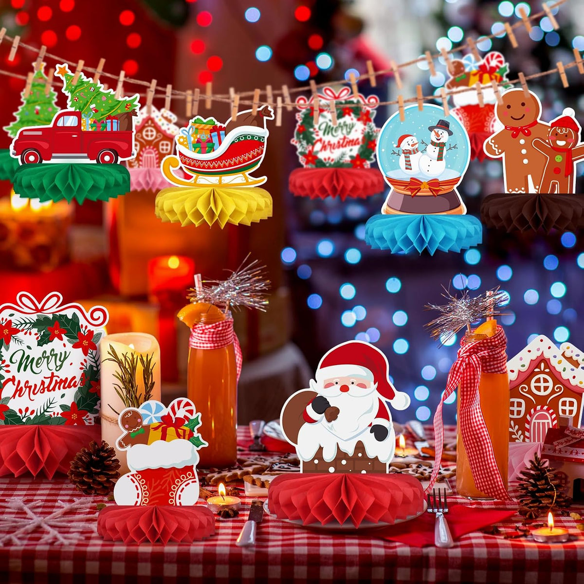 Merry Christmas Party Decorations Bundle - Includes Festive Christmas Honeycomb Centerpieces ï¼ŒSanta Claus Snowman Table Toppers, Perfect for Classroom Decor, Christmas & Winter Birthday Party Supplies