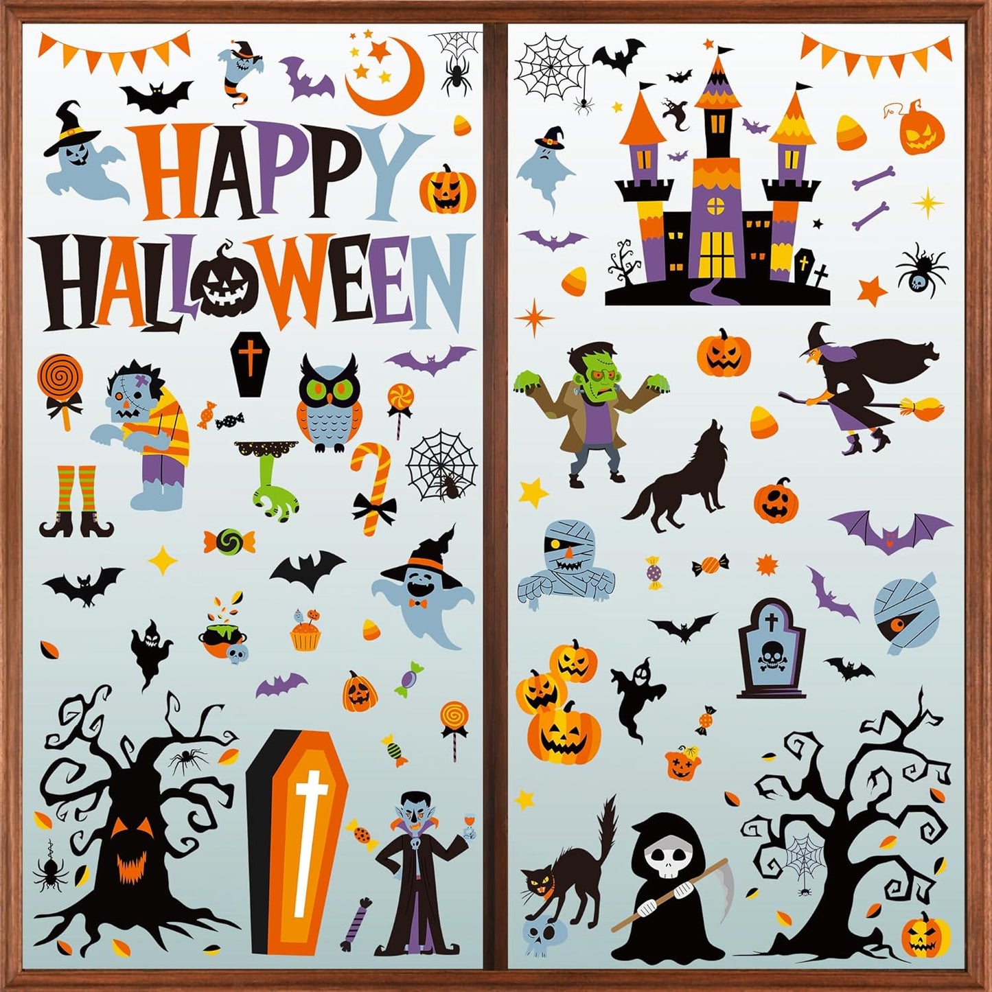 115-Piece Halloween Window Cling Set Double-Sided PVC Witch, Ghost & Zombie Stickers | USA Decoration®