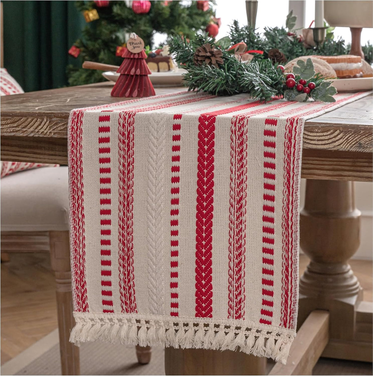 Caflife Cotton Linen Blend Red Boho Christmas Table Runner 108 Inchs Long