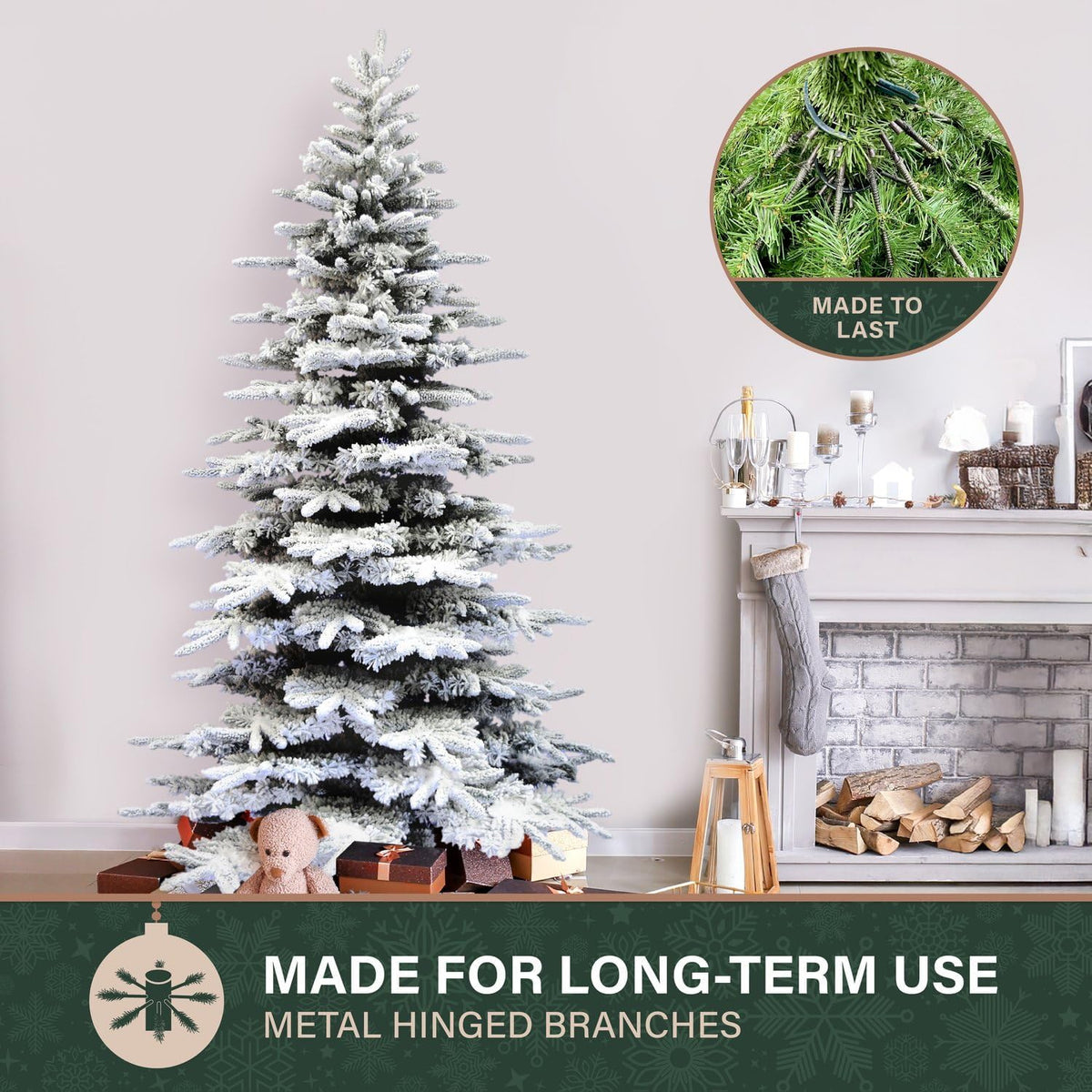 Fraser Hill Farm 9-Ft. Pine Valley Flocked Christmas Tree, Snowy Xmas Tree with DIY Potential with No Attached Lights, Artificial Christmas Tree with Metal Base, Easy to Set up