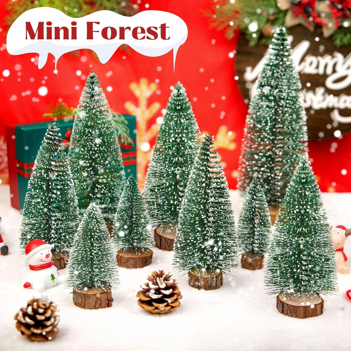 9Pcs Mini Christmas Tree, Bottle Brush Christmas Trees Wooden Base Table Decor with 4 Sizes, Artificial Green Tabletop Xmas Tree Indoor Village Decor Xmas Decorations