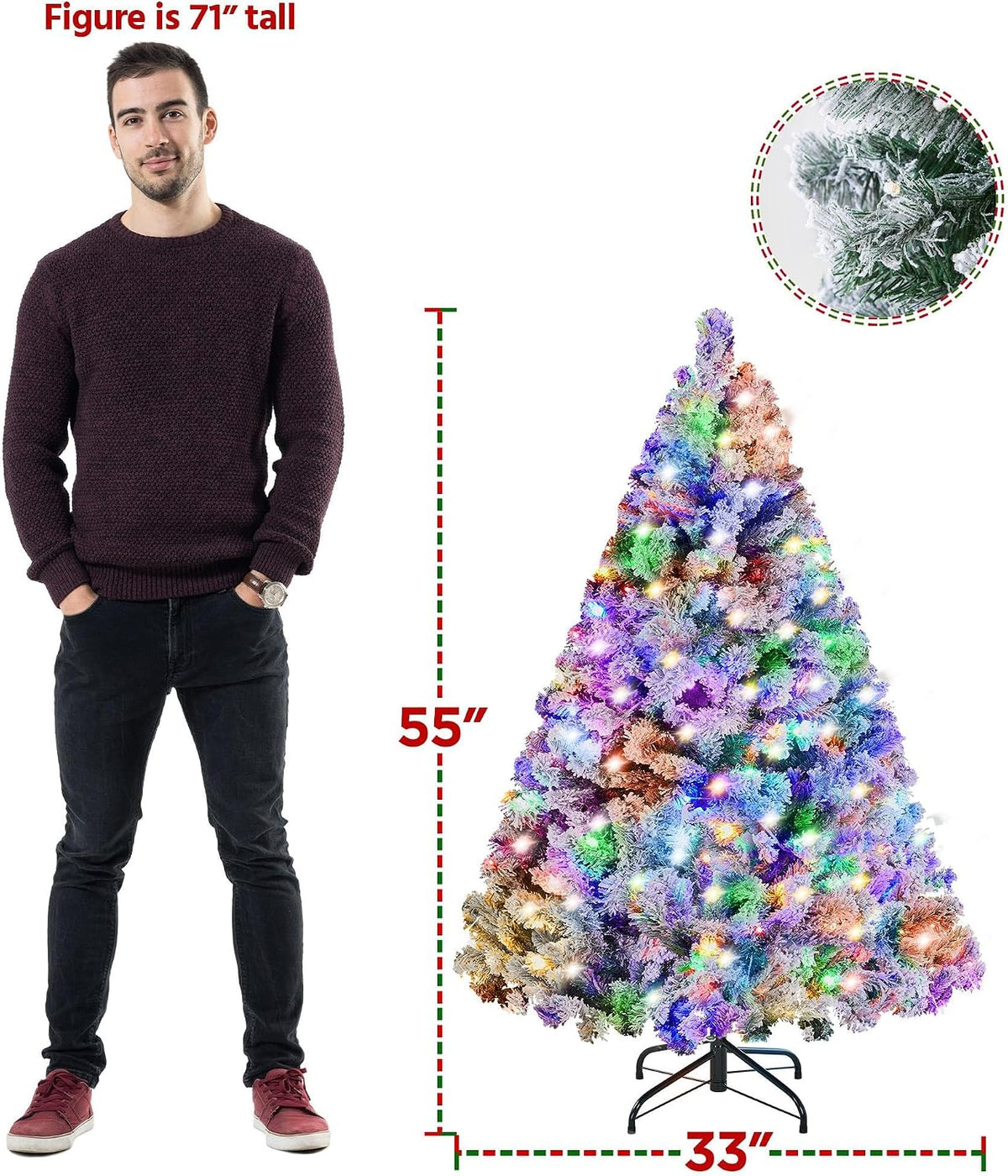 Yaheetech 4.5ft Pre-lit Spruce Artificial Christmas Tree Snow Flocked Hinges Tree with 100 Multicolor LED Lights & 340 Branch Tips & Metal Stand for Home, Office, Party Decoration, Green & White