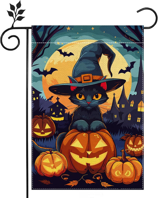 Halloween Black Cat Garden Flag 12×18? Double-Sided Burlap Pumpkin Decor | USA Decoration®
