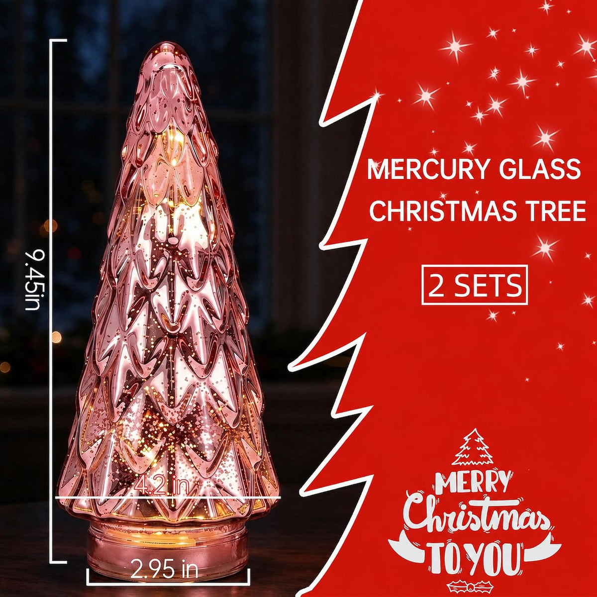 Mercury Glass Christmas Tree, 2-Pack Lighted Xmas Tree Decorations, Holiday Centerpiece Battery Operated LED with Timer, Decorative for Tabletop Window Mantel Display Party Indoor Home Decor (Pink)