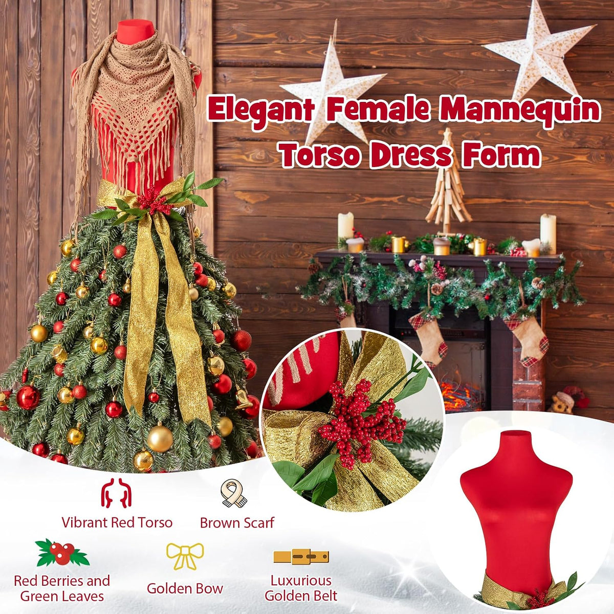 Goplus 5ft Pre-Lit Dress Form Christmas Tree, Artificial Xmas Tree with Female Mannequin Torso, Scarf, 248 Lush Branch Tips, 100 Warm White LED Lights, Metal Stand, Home Office Holiday Decoration