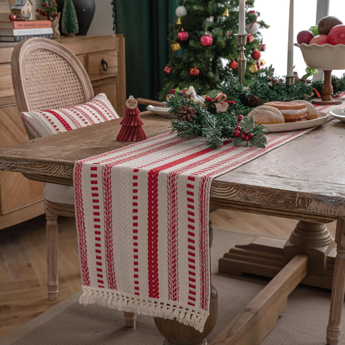 Caflife Cotton Linen Blend Red Boho Christmas Table Runner 108 Inchs Long