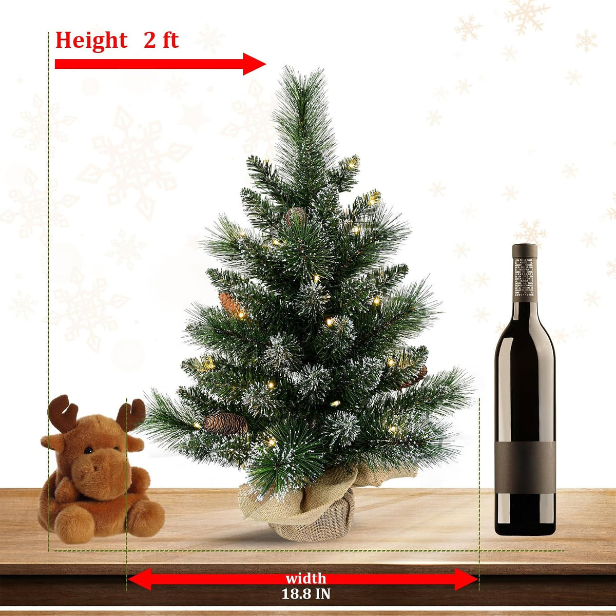 30 Led Warm Lights Pre-Lit Artificial Mini Christmas Tree, 2ft Snow Tipped Pine Artificial Christmas Tree,Seasonal Indoor Home Decor with Decorative Burlap Base