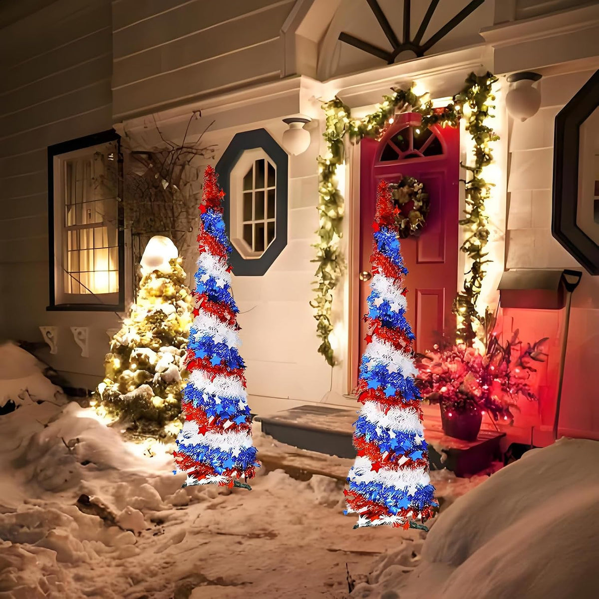 5Ft Pop up Christmas Tree 4th of July Patriotic Decorations Tree, Artificial Collapsible Star Sequins Christmas Tree for Indoor Outdoor Independence Day Red White and Blue Decorations