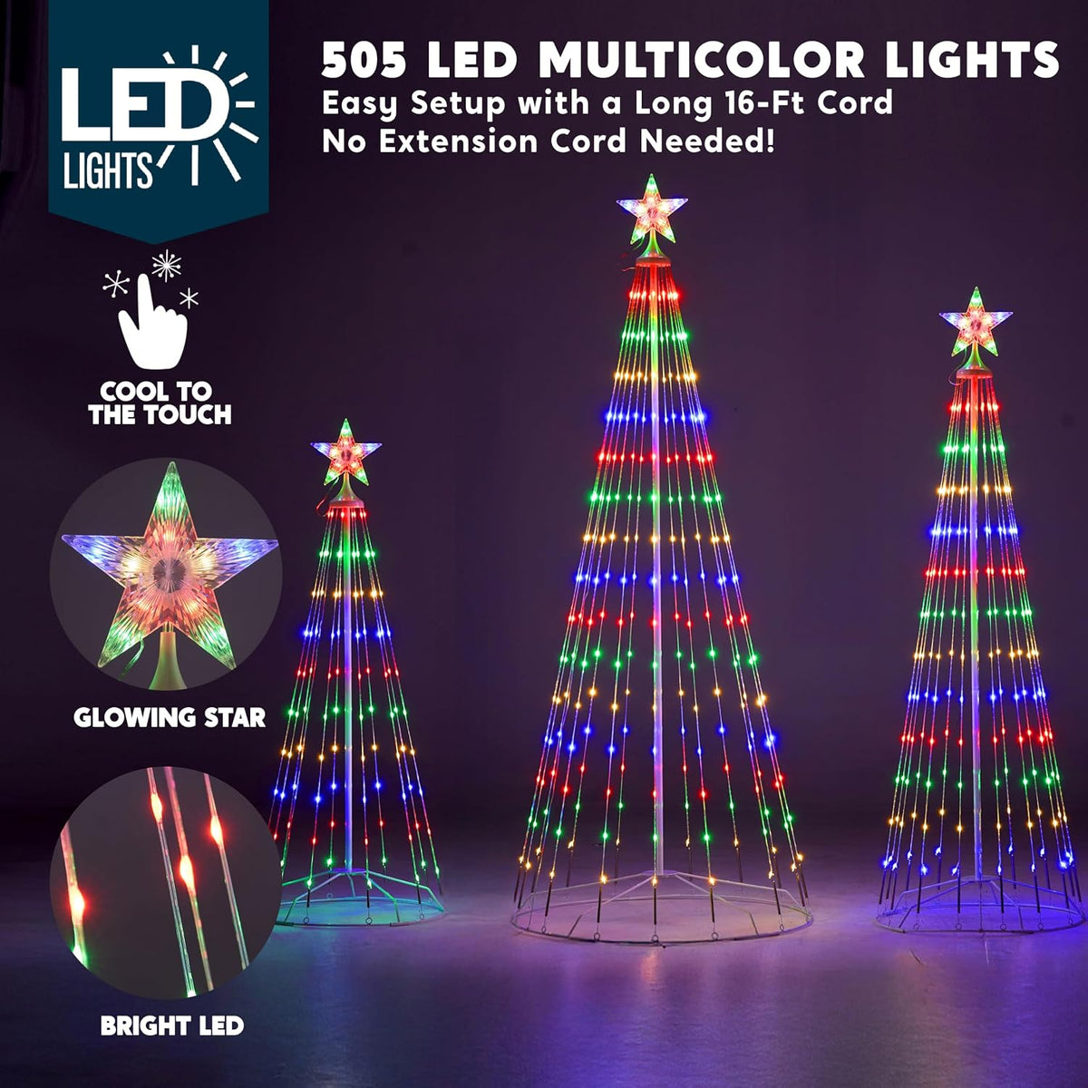 JOYIN 3 Pack LED Christmas Cone Tree Lights, 4FT 5FT 6FT Outdoor Lighted Tree with 8 Lighting Modes & Star Topper, Christmas Decorations for Yard Porch Patio Garden Holiday Decor, Multicolor