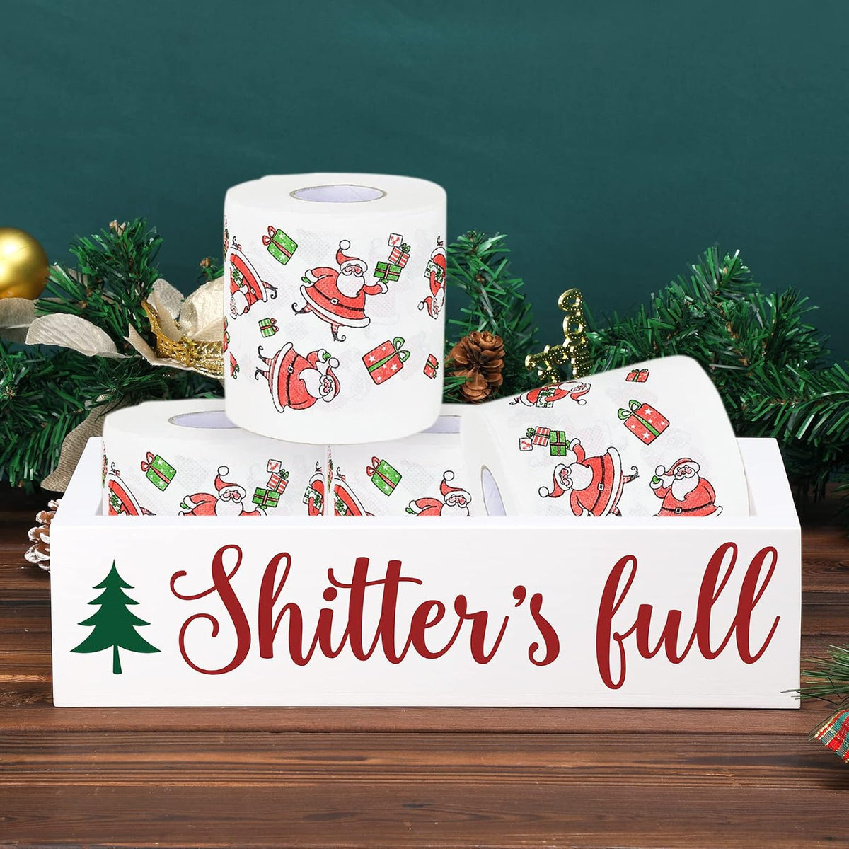 Xylolfsty Christmas Bathroom Wooden Storage Box Funny Holiday Toilet Paper Holder with Xmas Tree Camping Farmhouse Tank Basket Decor Winter Guest Bathroom Xmas Clark Gift Ideas-White
