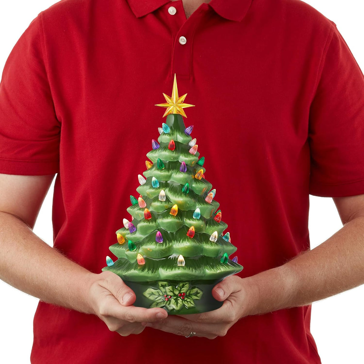 Casafield Hand Painted Ceramic Christmas Tree, Green 15-Inch Pre-Lit Tree with 128 Multi Color Lights and 2 Star Toppers