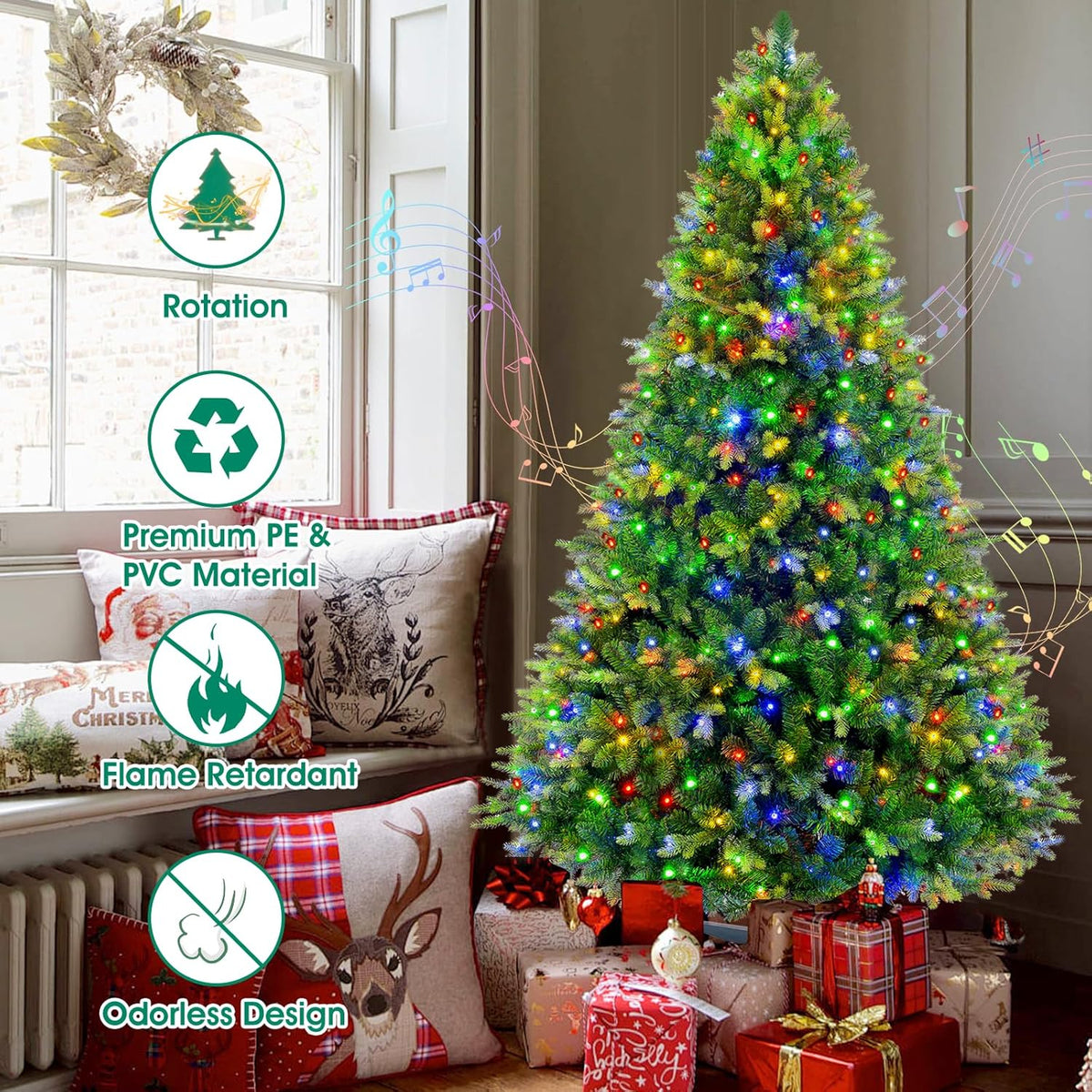 360Â° Rotating Prelit Christmas Tree 6ft - Musical Artificial Christmas Tree with Remote Control, 860 PE & PVC Mixed Tips, 8 Modes 280 Multicolor LED Lights for Holiday Decor