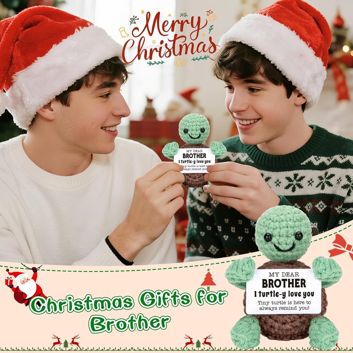 Mini Funny Turtle Brother Gifts from Sister Brother, Christmas Birthday Gifts for Men Friends Presents, I Love You Small Cool Cute Stuff Things, Handmade Emotional Positive Crochet Turtle