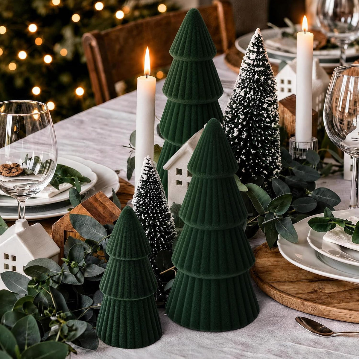 Christmas Decorations - Set of 3 Velvet Ceramic Christmas Trees (Green)