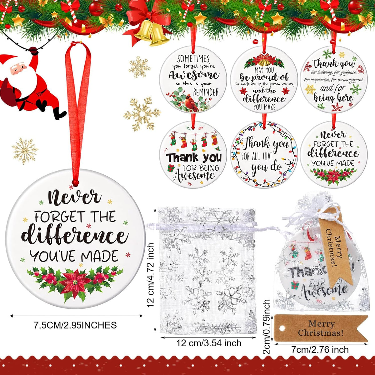 Barydat 24 Set Ceramic Christmas Appreciation Gifts for Coworkers, Thank You Ceramic Ornaments Xmas Tree Hanging Ornaments with Tags and Bag for Coworker Office Friendship Xmas Tree Decor (Classic)
