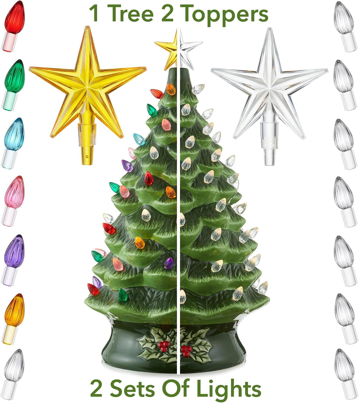 Casafield Hand Painted Ceramic Christmas Tree, Green 24-Inch Pre-Lit Tree with 148 Multi Color Lights and 2 Star Toppers