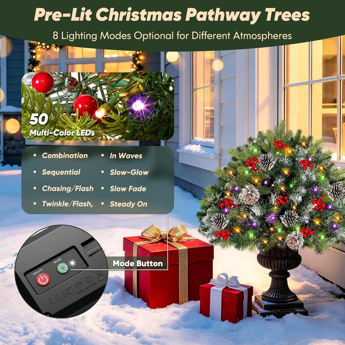 2-Pack Solar Christmas Tree Urn Filler, 26â€ Pre-lit Pathway Christmas Trees, Frosted Lighted Artificial Xmas Tree Solar-Power Outdoor DÃ©cor for House Yard, 8 Modes,50 LED Lights,Red Berries,Pine Cones