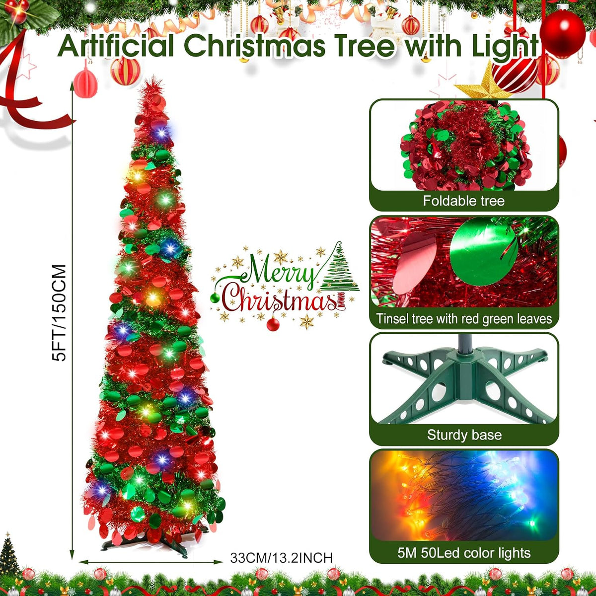 5Ft Pop Up Christmas Tree with Lights, Collapsible Pencil Tree Red Green, Skinny Christmas Tree Slim Xmas Tree, Artificial Tinsel Tree Foldable for Home Apartment Holiday Party Winter Decor