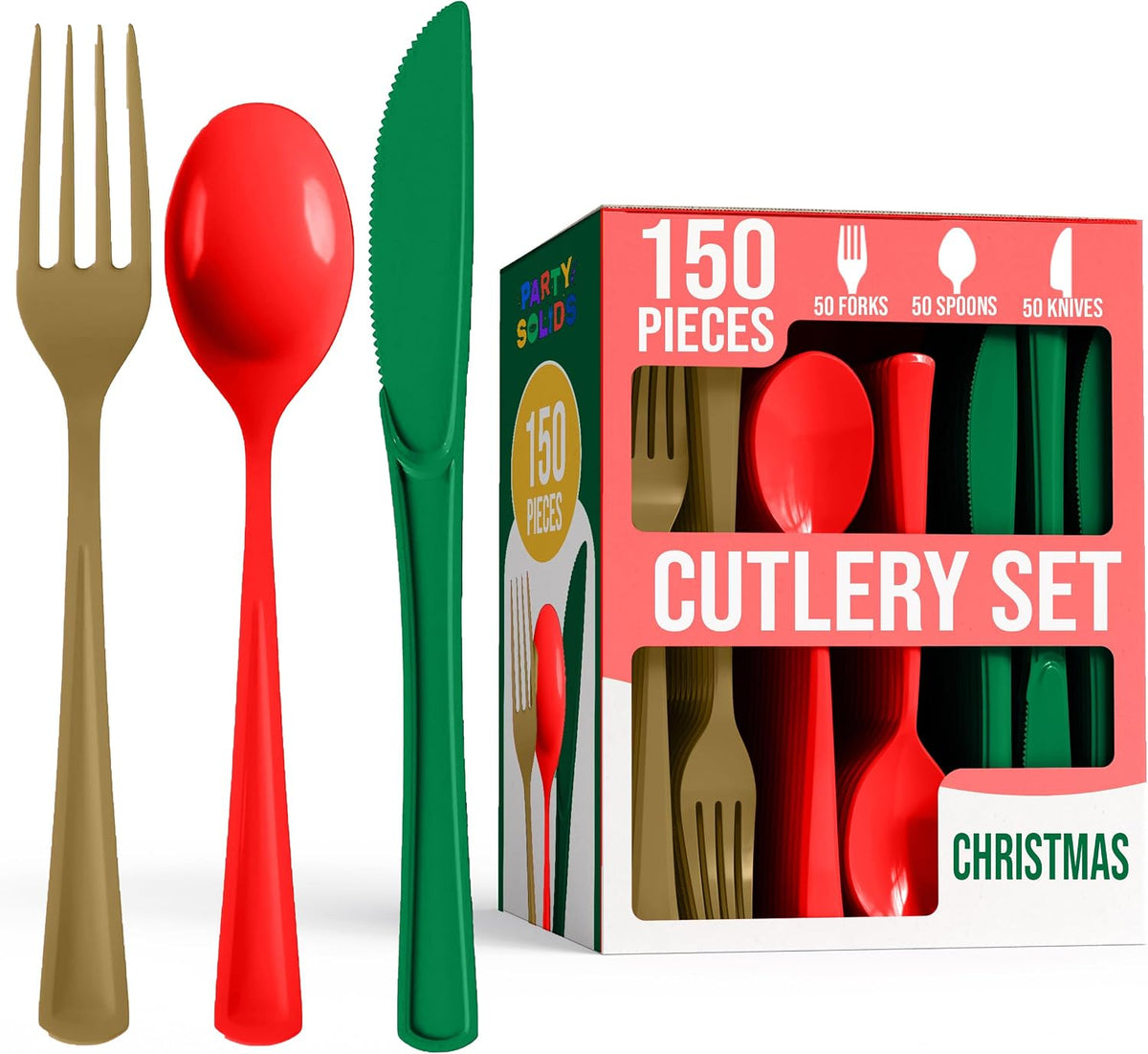 Party Solids Christmas Plastic Silverware Heavy Duty 150 Pieces Christmas Plastic Cutlery Sets Utensil Sets 50 of Each Forks Knives & Spoons Disposable Cutlery Set Flatware Set for Party Supplies