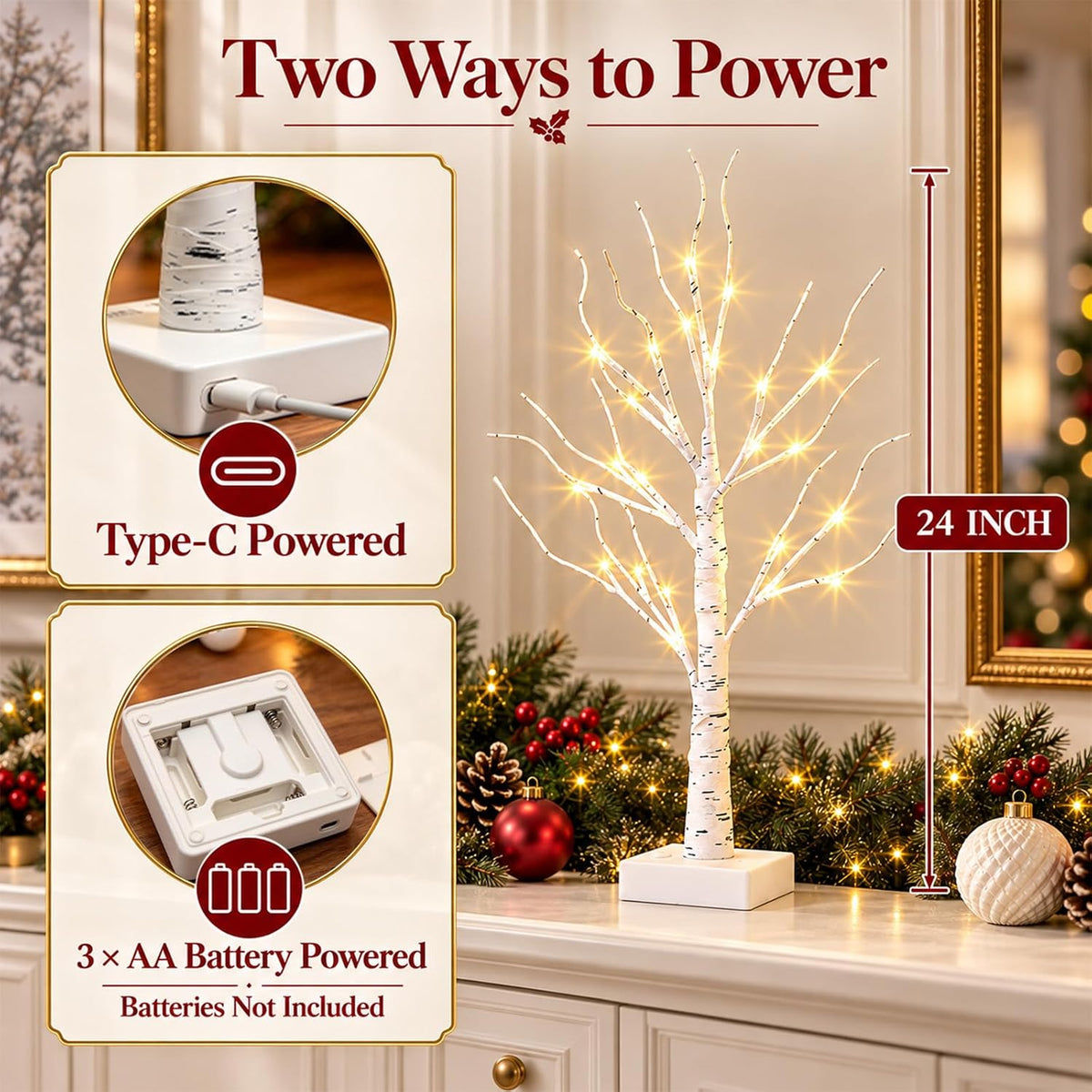 EAMBRITE Christmas Decorations Indoor Lighted Birch Tree Home Decor, 2Pack 24 LED Light Up Tabletop Mini Small Artificial White Trees Lamp with Lights Battery Operated/USB for Table Mantel (2FT)