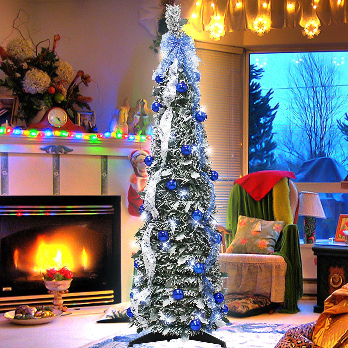 4FT Pop Up Christmas Tree Pre-lit Green Snowy Pencil w/Blue Bow,60 Lights