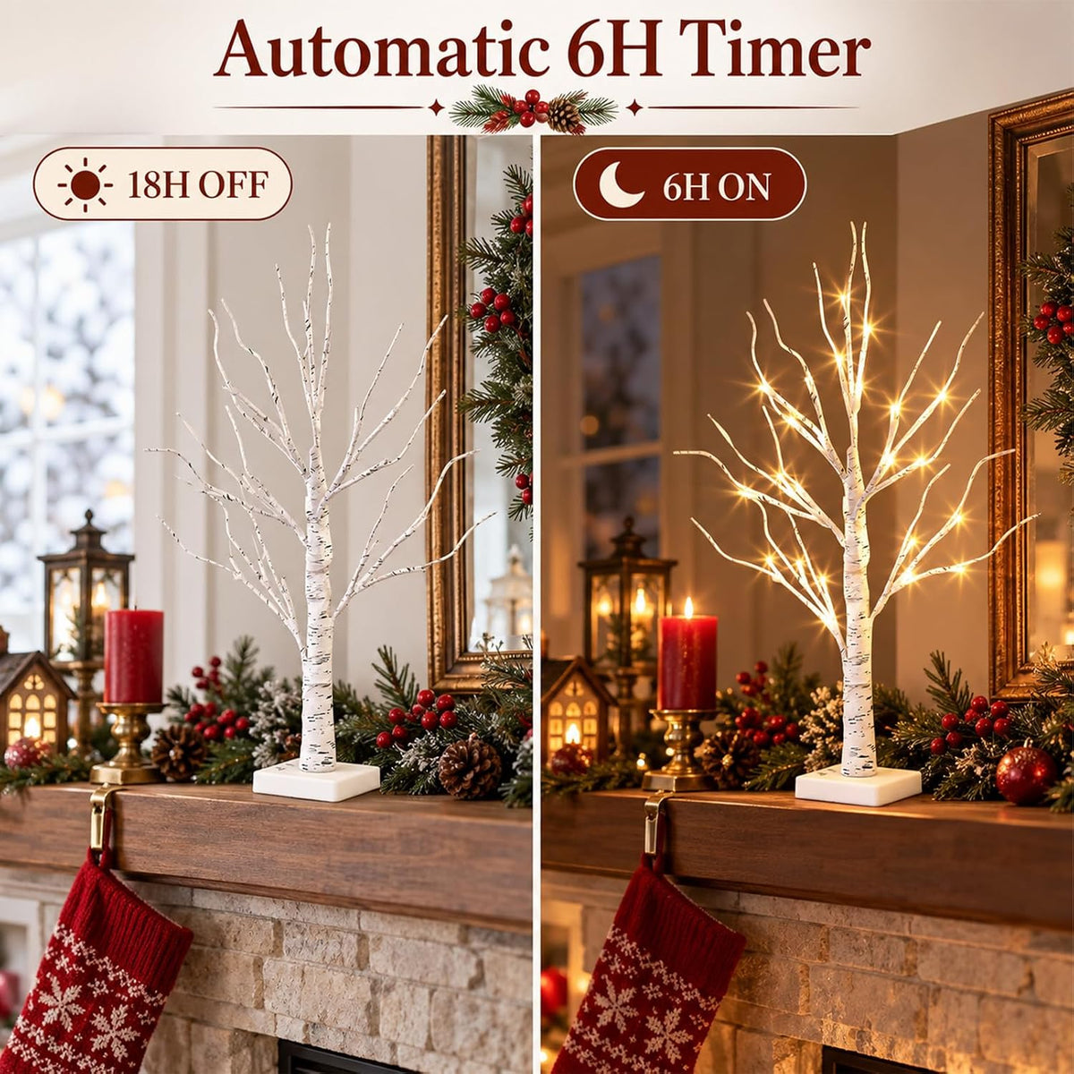 EAMBRITE Christmas Decorations Indoor Lighted Birch Tree Home Decor, 2Pack 24 LED Light Up Tabletop Mini Small Artificial White Trees Lamp with Lights Battery Operated/USB for Table Mantel (2FT)