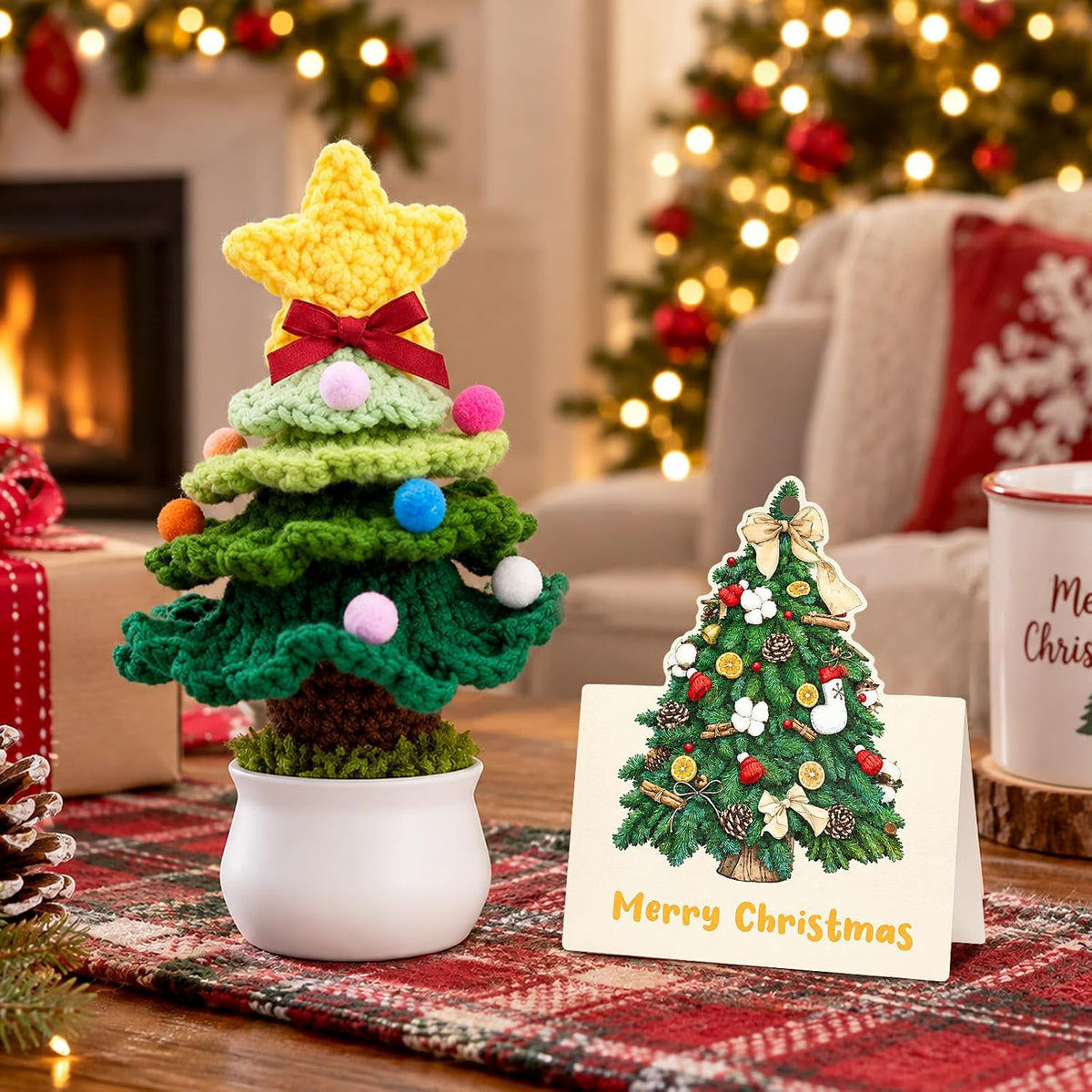 6 Sets Crochet Christmas Tree Gifts with Merry Christmas Cards