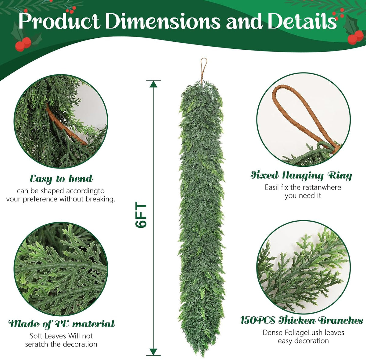 6ft Christmas Cedar Garland with Soft Thickness Pine,Thick and Lush,Artificial Green Faux Cedar Pine Garland for Christmas Winter Home Mantel Fireplace Holiday Party DÃ©cor (6FT)