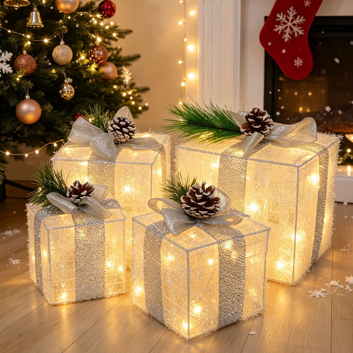 Hourleey Set of 4 Christmas Lighted Gift Boxes Warm White 70 LED Pre-lit