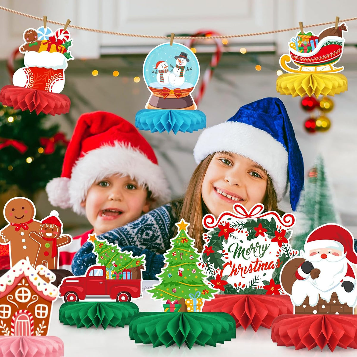 Merry Christmas Party Decorations Bundle - Includes Festive Christmas Honeycomb Centerpieces ï¼ŒSanta Claus Snowman Table Toppers, Perfect for Classroom Decor, Christmas & Winter Birthday Party Supplies