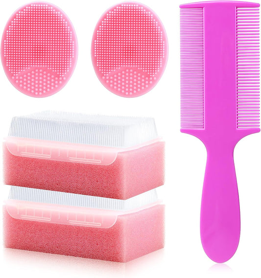 5 Piece Baby Cradle Cap Brush and Comb Set with Silicone Scrubber in Pink