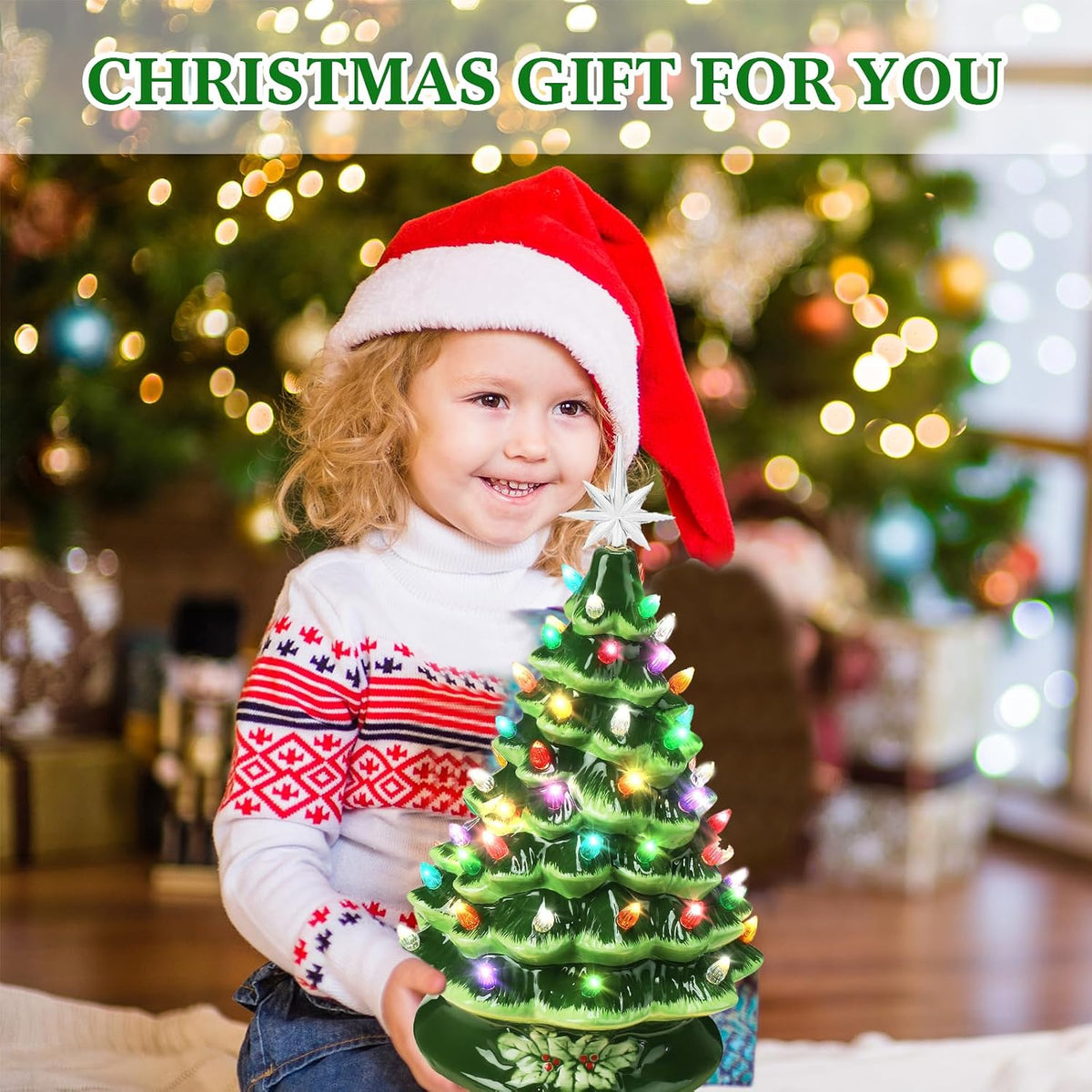 Ganeen 15 Inch Ceramic Christmas Tree with 66 Multicolored Lights Hand Painted Tabletop Christmas Tree Vintage Xmas Decorations for Table Desk Countertop Mantel Home Office(Green)