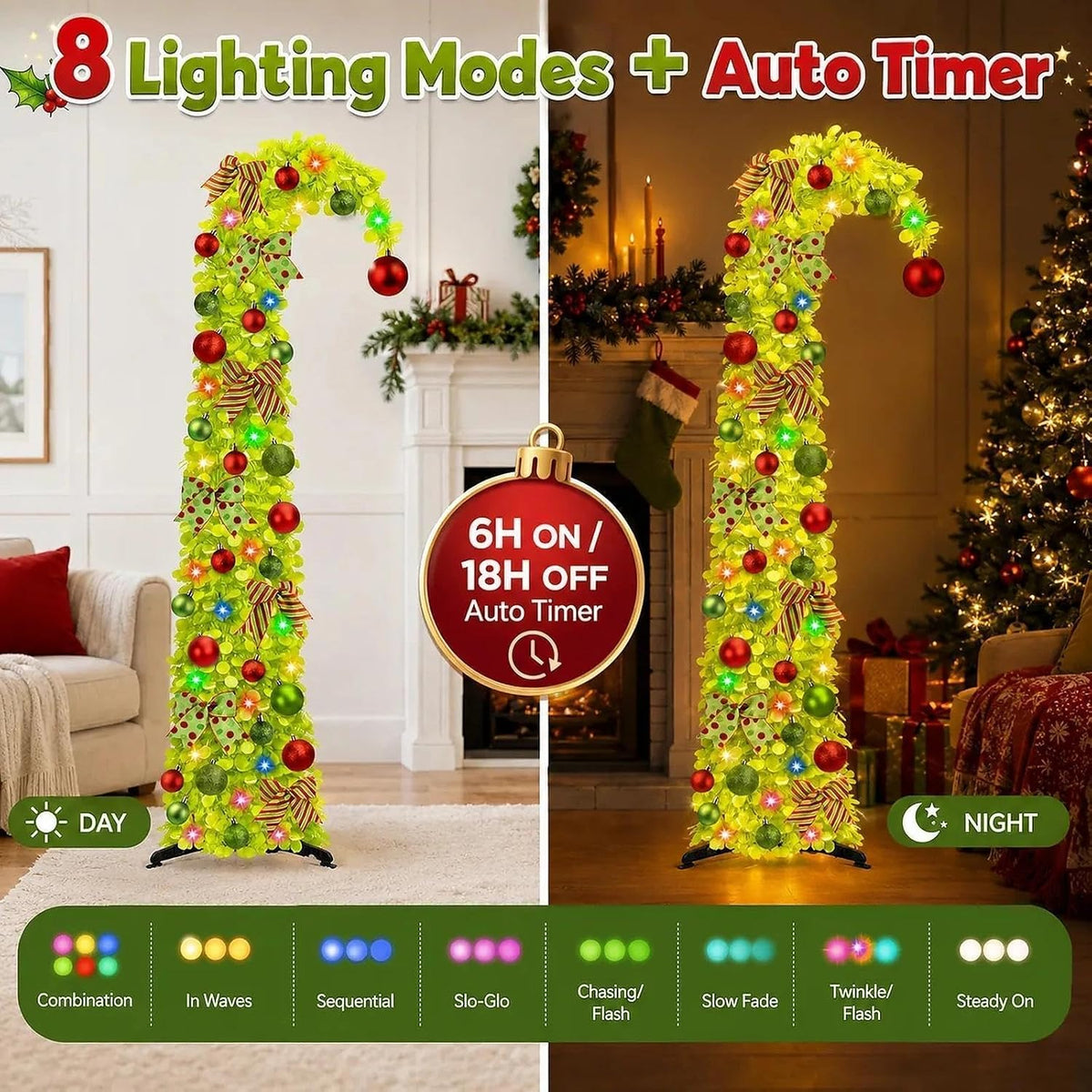 N&T NIETING 6Ft Whimsical Pop Up Christmas Tree with Lights & Hanging Ornaments, Collapsible Bendable Tinsel Tree for Apartment Porch Office Indoor Home Party Holiday Decor