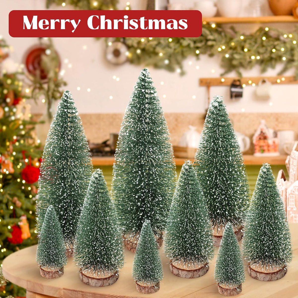9Pcs Mini Christmas Tree, Bottle Brush Christmas Trees Wooden Base Table Decor with 4 Sizes, Artificial Green Tabletop Xmas Tree Indoor Village Decor Xmas Decorations