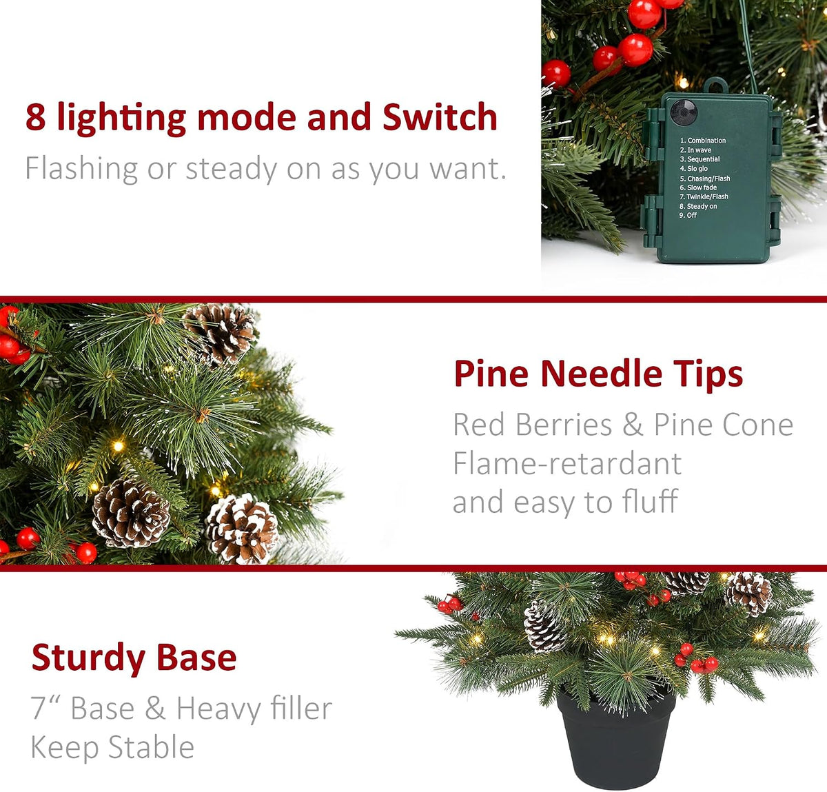 3Ft Pre-Lit Artificial Christmas Tree Tabletop with Battery Operated 70 Warm LED Red Berries Pine Cone Pine Needle, Greenery Potted Christmas Tree for Indoor, Porch, Outdoor