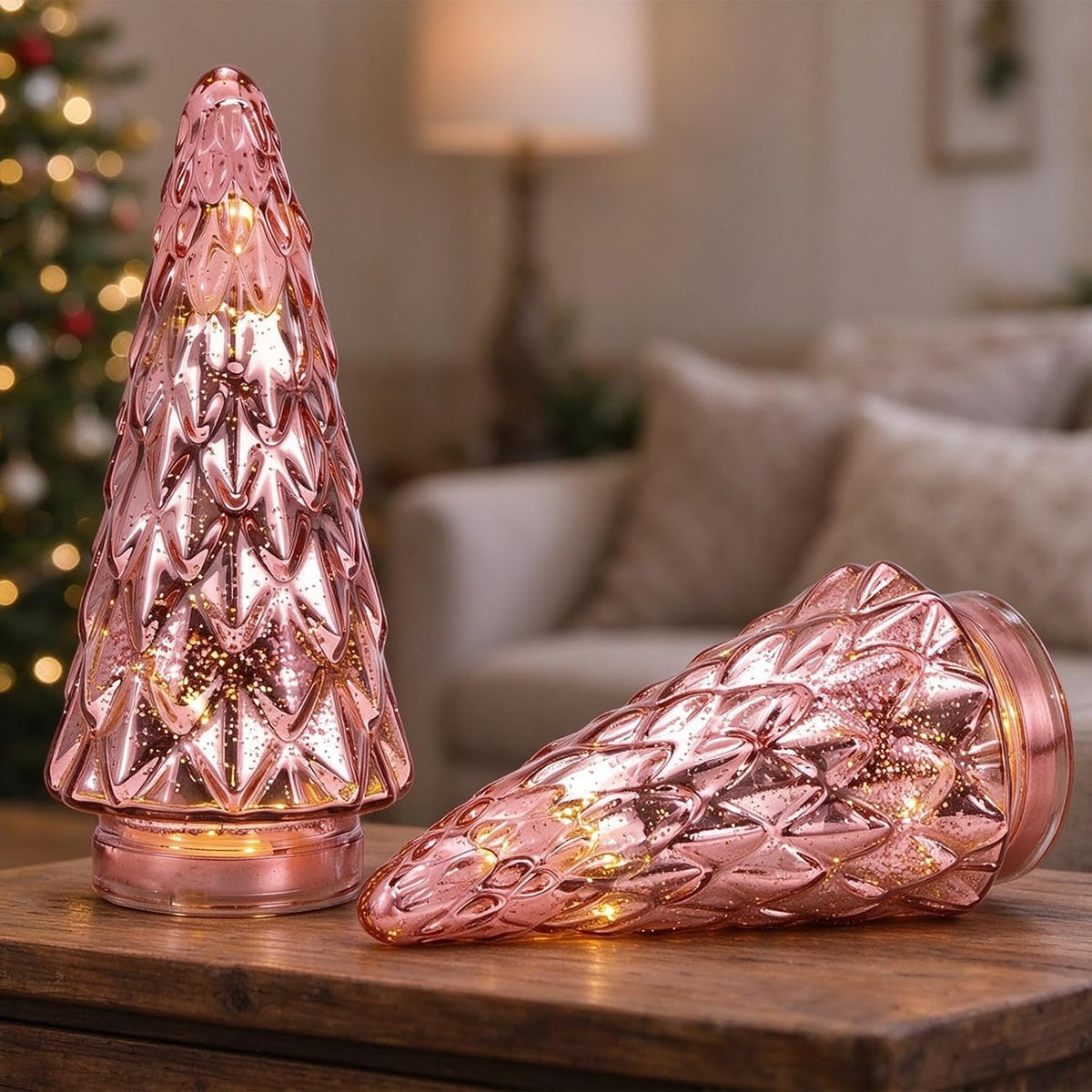 Mercury Glass Christmas Tree, 2-Pack Lighted Xmas Tree Decorations, Holiday Centerpiece Battery Operated LED with Timer, Decorative for Tabletop Window Mantel Display Party Indoor Home Decor (Pink)