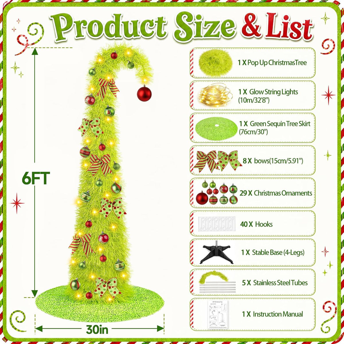 6FT Whimsical Pop-Up Christmas Tree with Lights Tree Skirt for Decorations