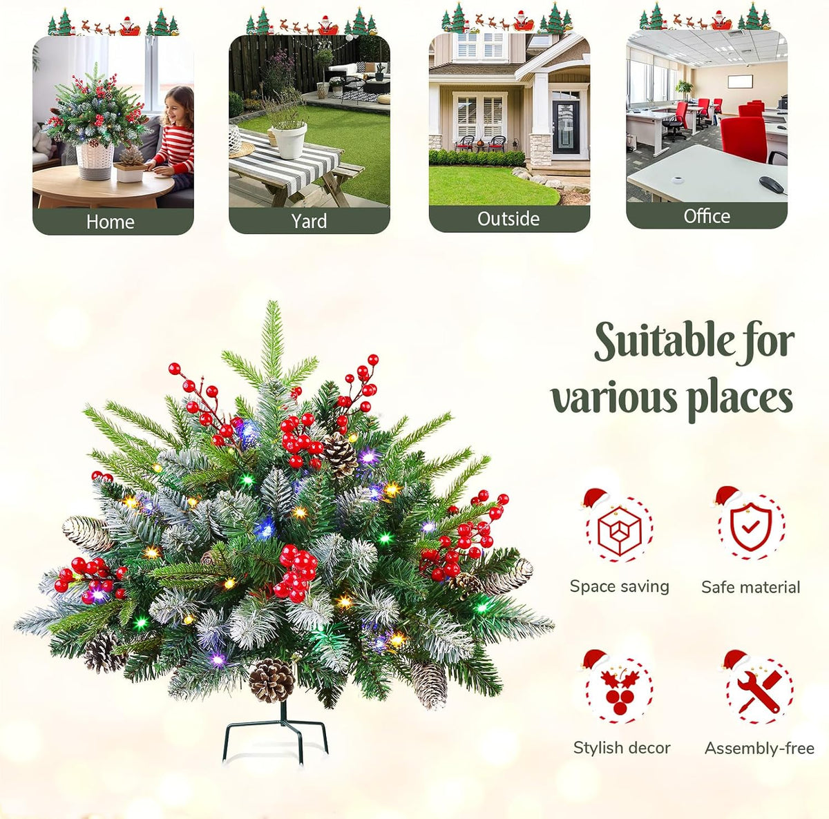 2 Set Preâ€‘lit Artificial Christmas Urn Filler with Remote for Planter Decor