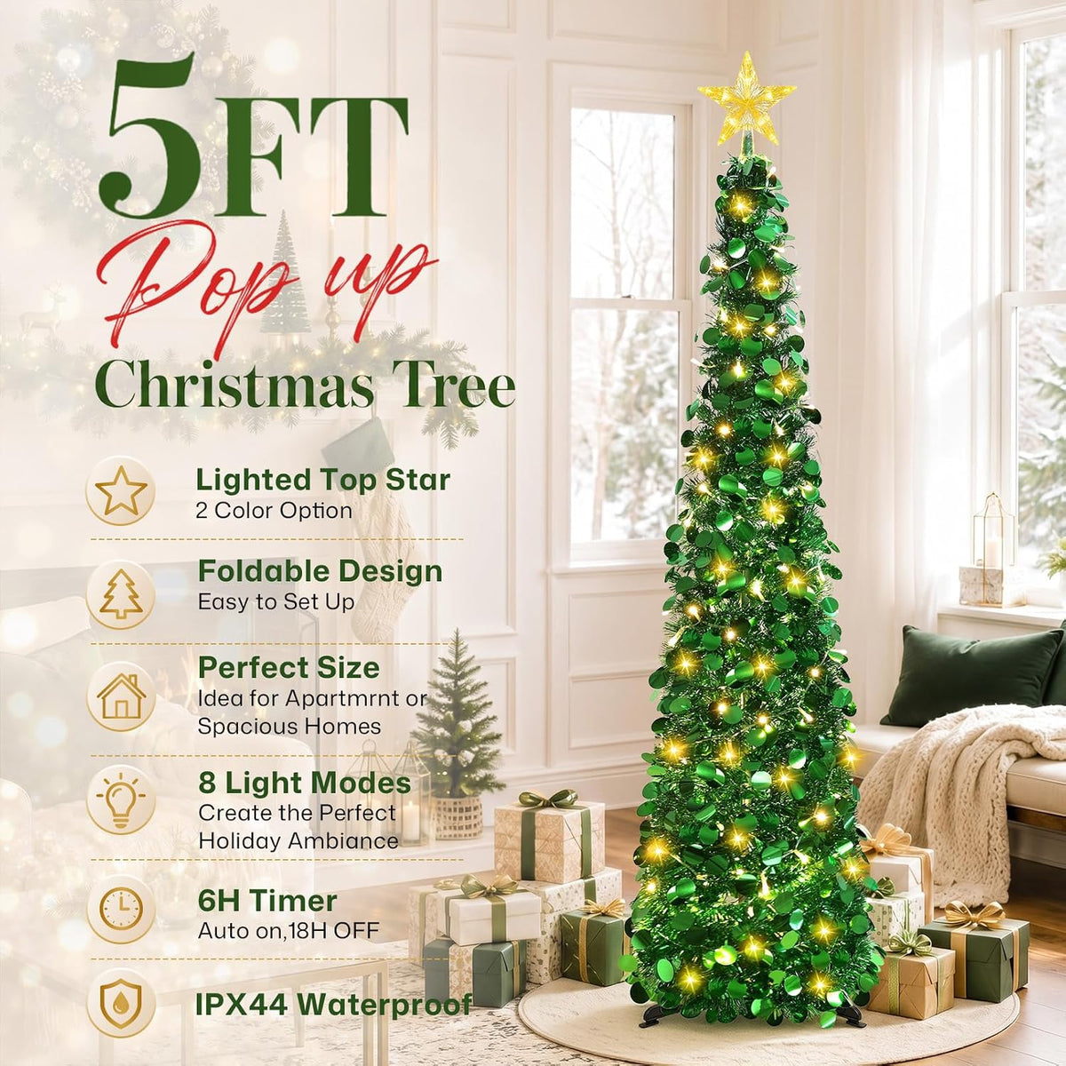 5FT Pop Up Christmas Tree with Lighted Top Star for Christmas Decorations