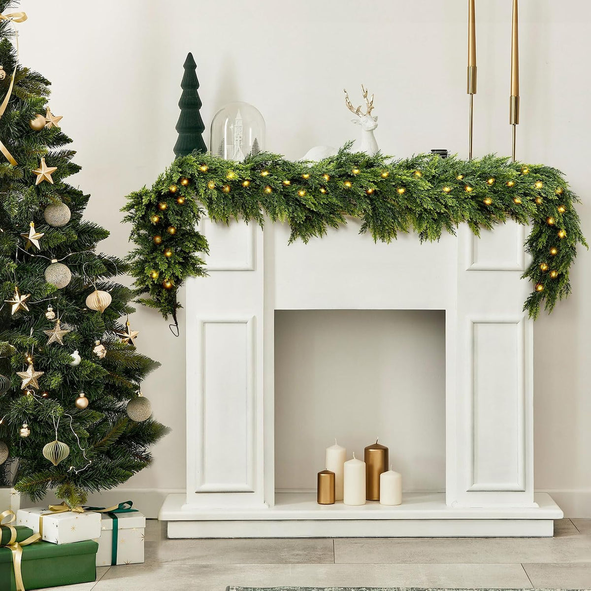 6FT Artificial Cedar Christmas Garland with 120 LED Lights - Real Touch Winter Pine Garland, Green Artificial Greenery Garland for Table, Mantle, Wall, Indoor, Outdoor Christmas Decorations