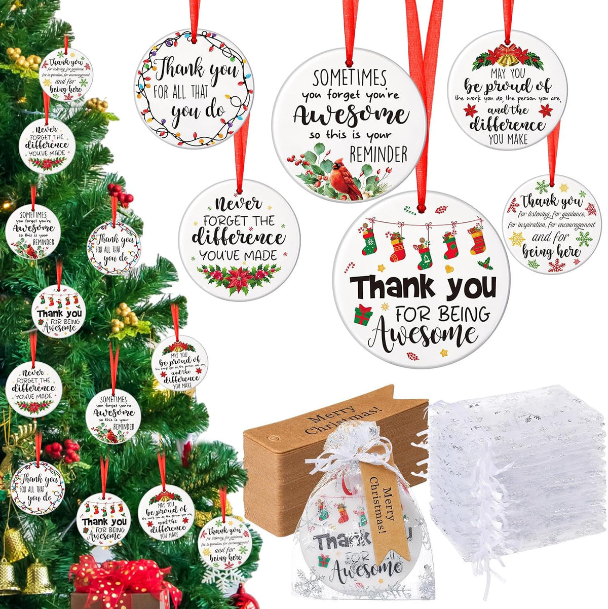 Barydat 24 Set Ceramic Christmas Appreciation Gifts for Coworkers, Thank You Ceramic Ornaments Xmas Tree Hanging Ornaments with Tags and Bag for Coworker Office Friendship Xmas Tree Decor (Classic)